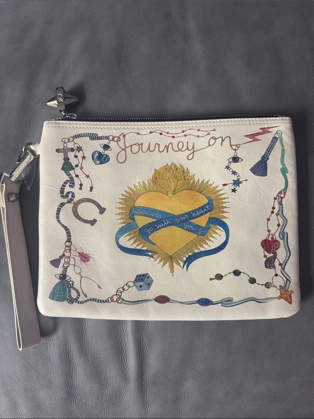 Emm Kuo leather “Journey On” heart graphic large leather clutch wristlet. New.